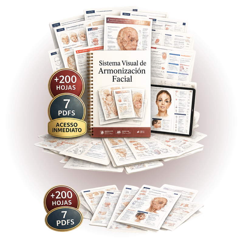 Sistema Visual de Armonización Facial — mockup con cuaderno, tablets y hojas visuales